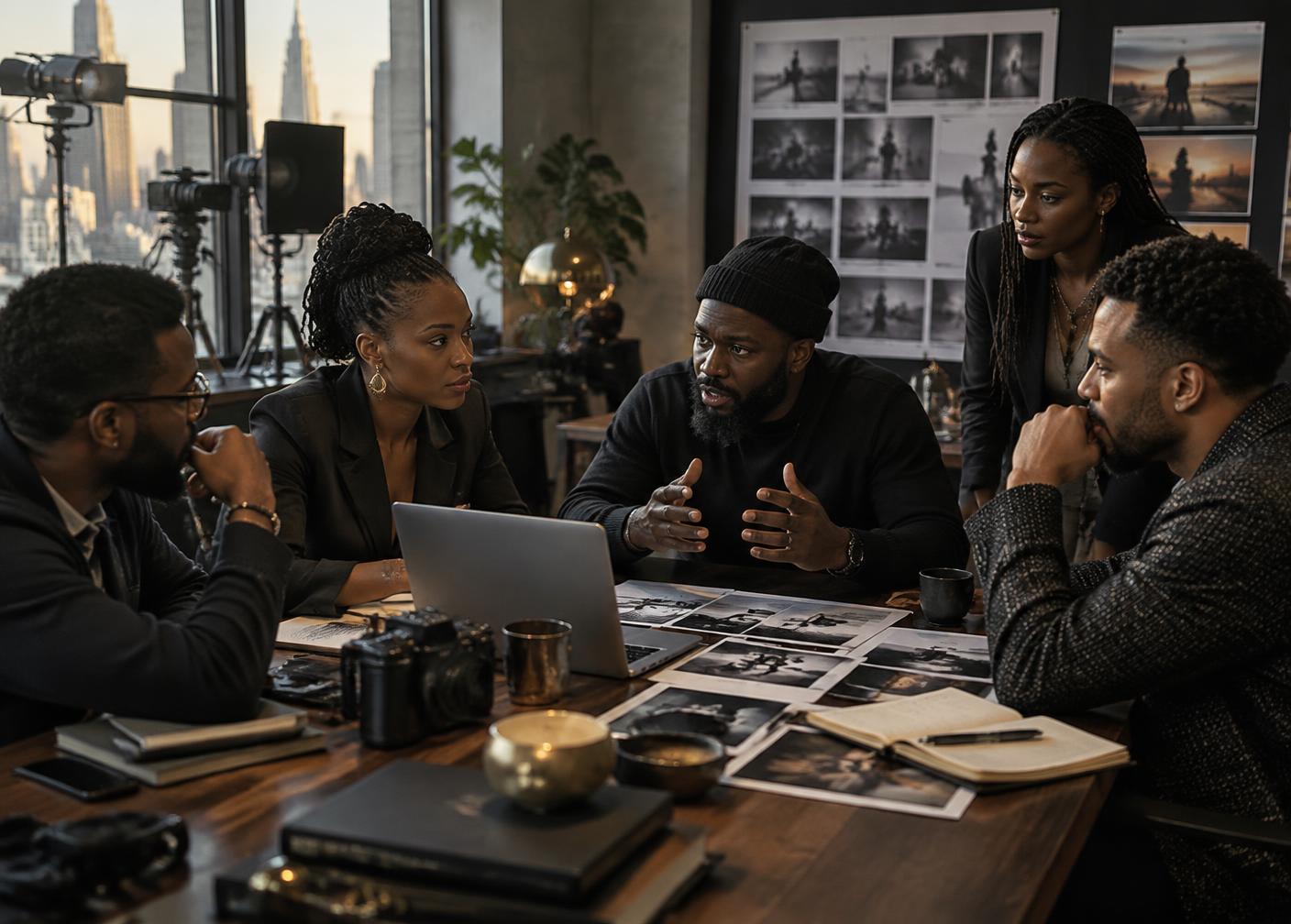 International film production team in a creative meeting